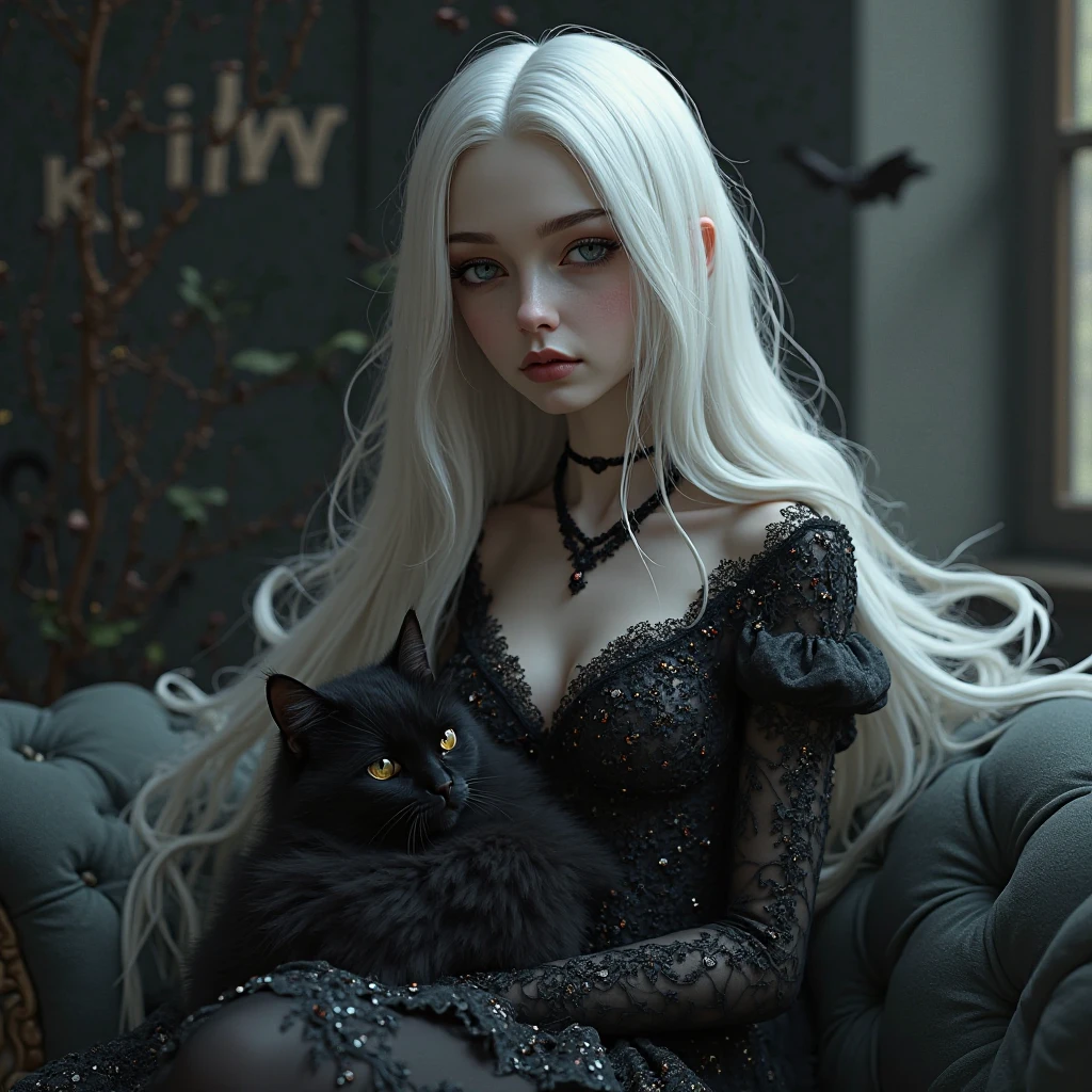 KIDS vampire girl with long silver hair and a WOLF. with her, in symbolic gothic net clothes,