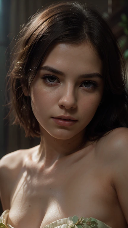 high quality, entire body shot, a beautiful 18 year old princess leia, breasts exposed, small breasts with big areolas and, slightly smile, detailed face and eyes, natural lighting, in a spaceship, low contrast, natural face, freckles, brunette hair, green eyes, holding a lightsaber