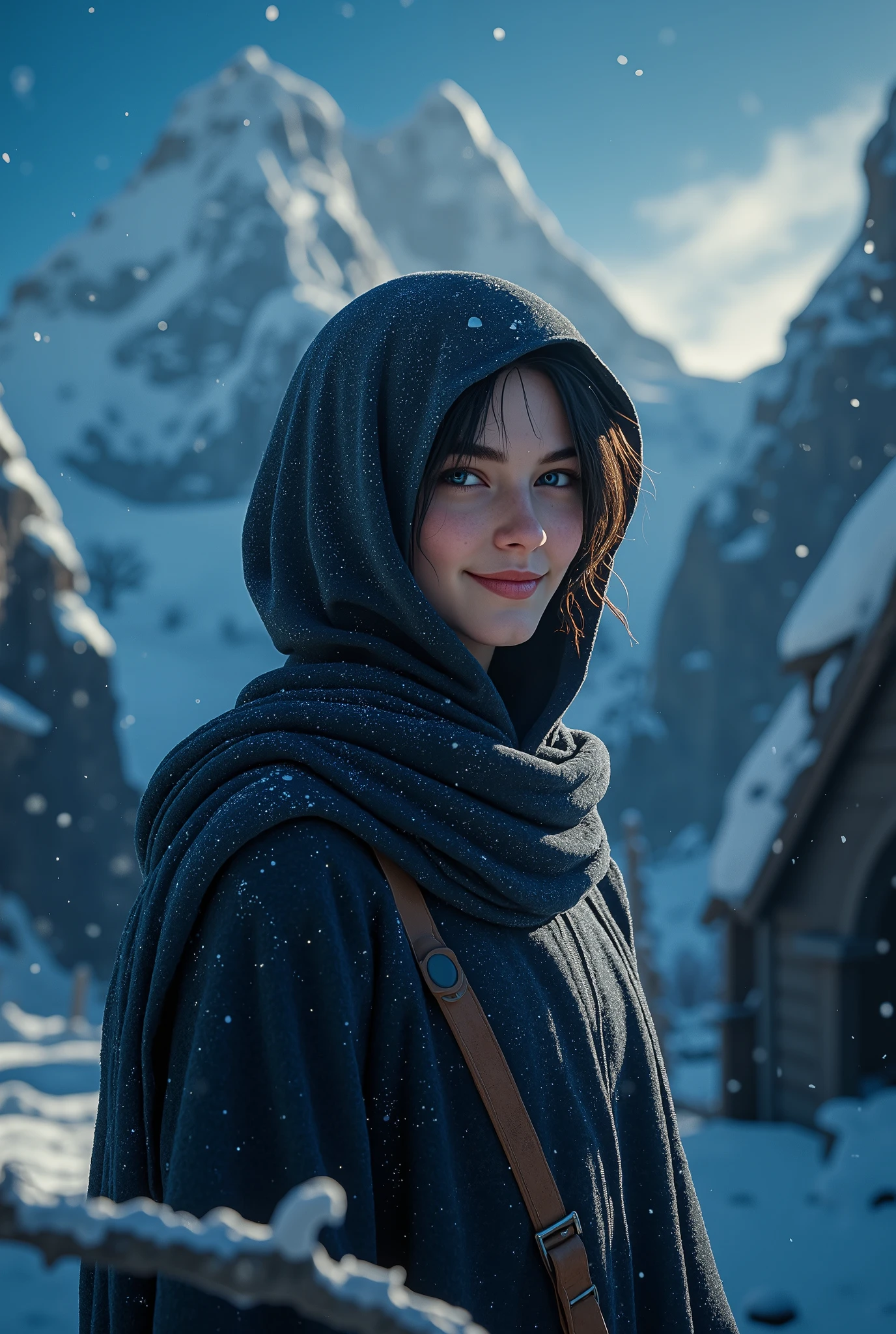 (ultra Realistic) , (illustration), (Enhance resolution), (8k), ( Extremely Detailed), ( detailed face ), Slim Body, in the dark , deep shadow, low profile, pureerosfaceace_v1, Happy smile, Winter, Mountain