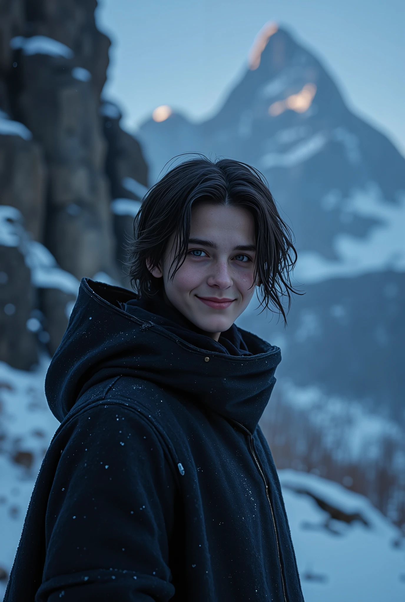 (ultra Realistic) , (illustration), (Enhance resolution), (8k), ( Extremely Detailed), ( detailed face ), Slim Body, in the dark , deep shadow, low profile, pureerosfaceace_v1, Happy smile, Winter, Mountain
