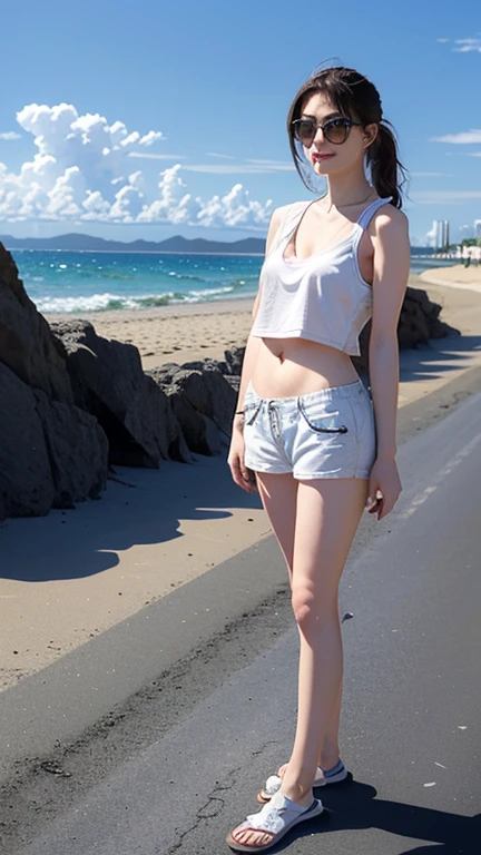 (8k、RAW Photos、Highest quality、masterpiece:1.2)、(Realistic、Realistic)、((pubic hair、whole body、Thin legs:1.7))、((smile、Very flat chest、Nipples:1.3))、1 girl、((Beach、smile、stand))、cute