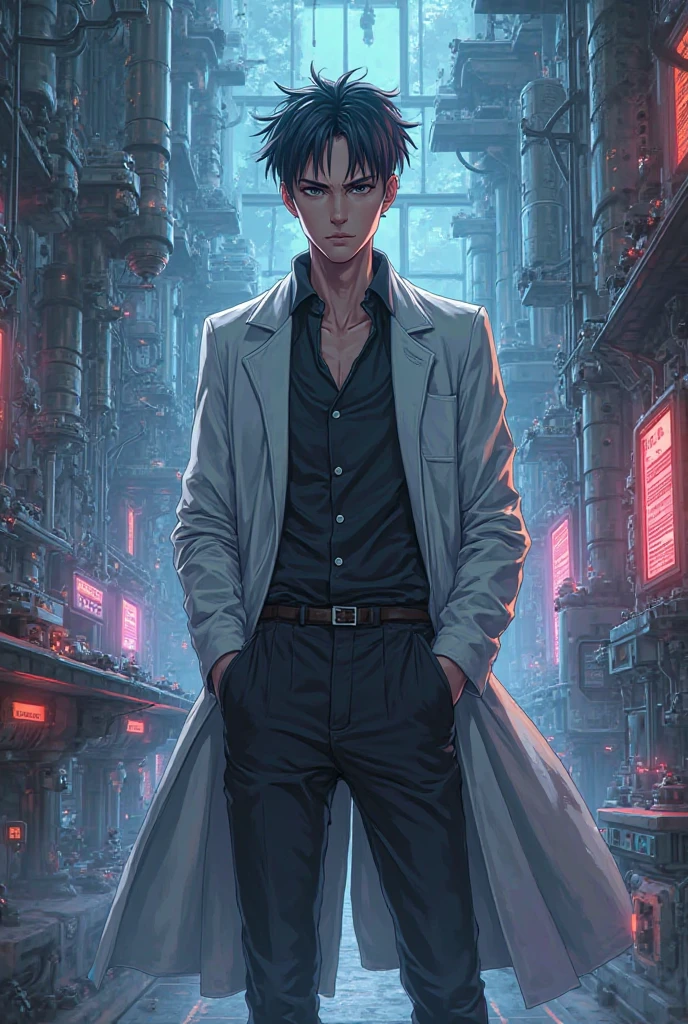 Make a anime evil  scientist  that is not in other anime  age 32   full body
