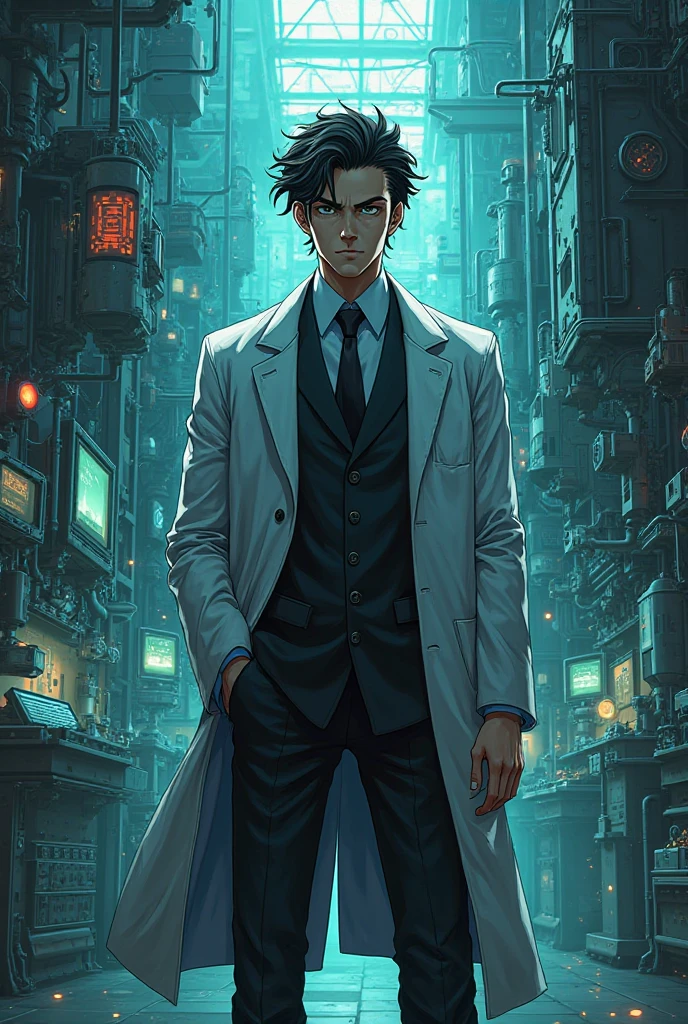 Make a anime evil  scientist  that is not in other anime  age 32   full body
