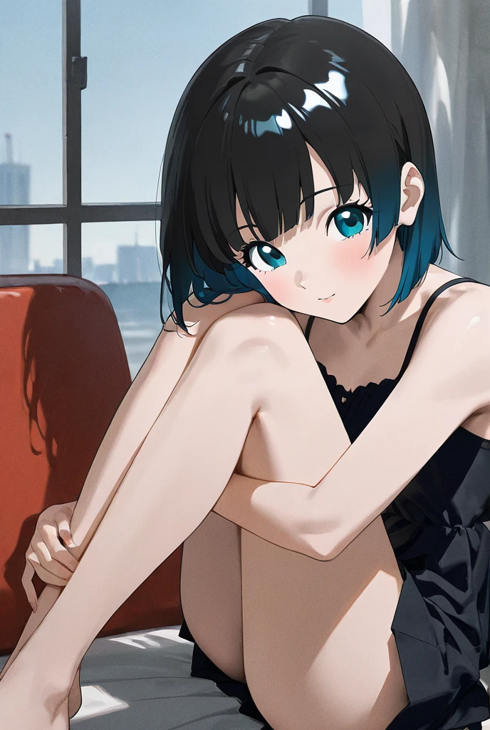 1 girl, black hair digital painting Wearing a tank top, blue eyes,  sitting, fleshy legs, cute, smiling, small, has cat ears