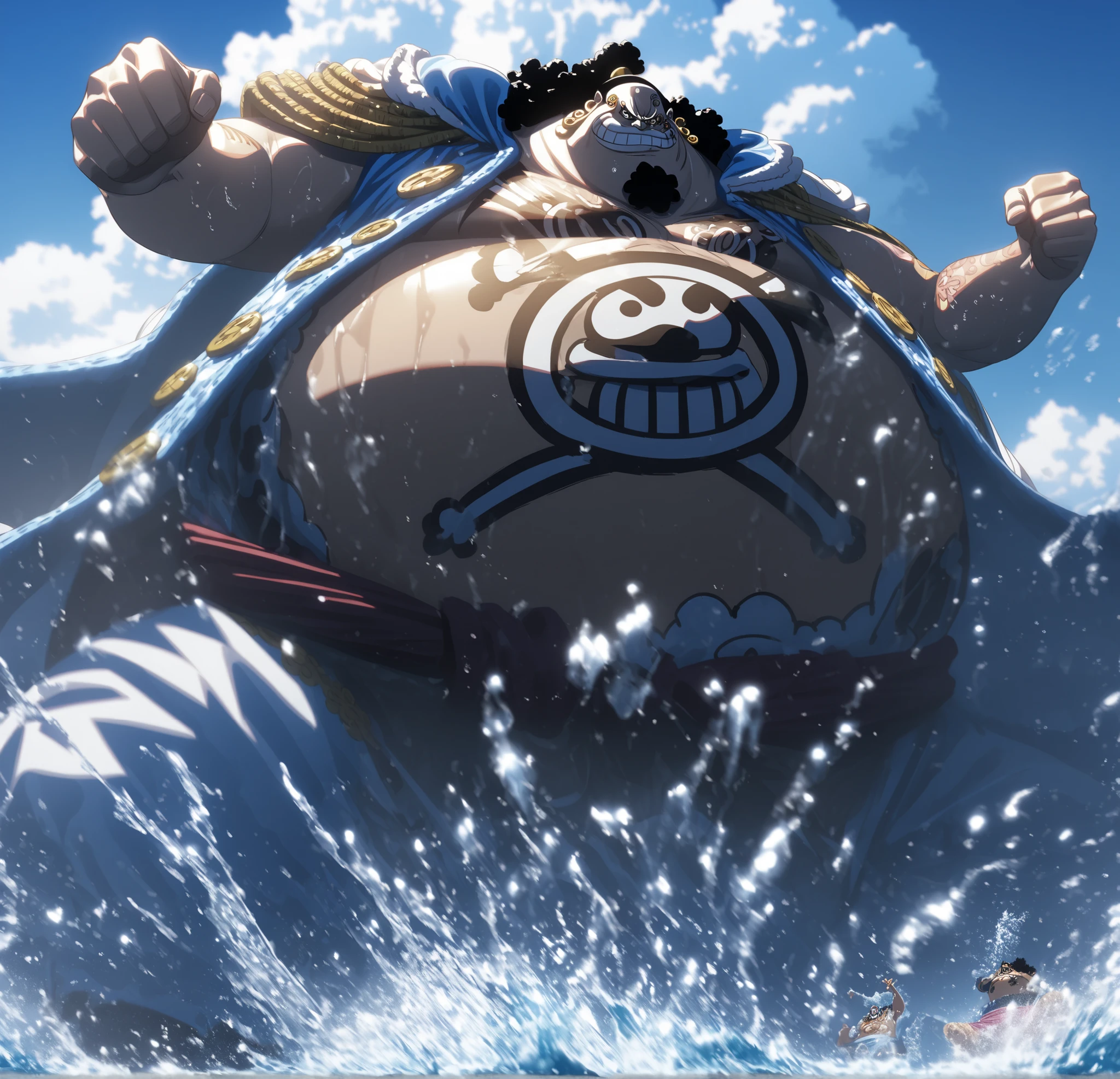 One Piece,jinbe fighting in seawater,Fighting Pose , Rich Details ,Scenery of seawater splashing everywhere,blue sky and white clouds,8k