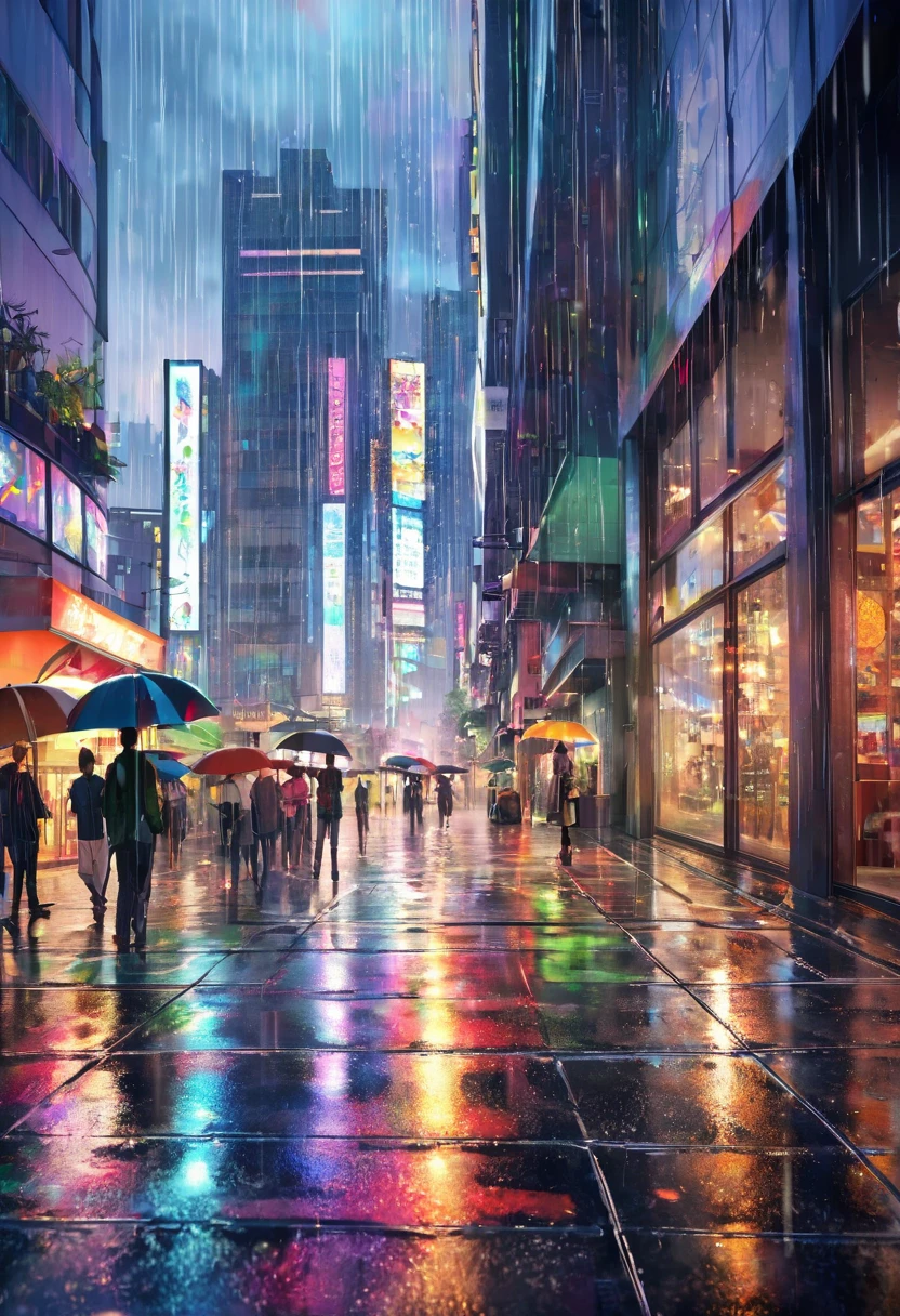 How fantastic and colorful rain falls on the city through glass