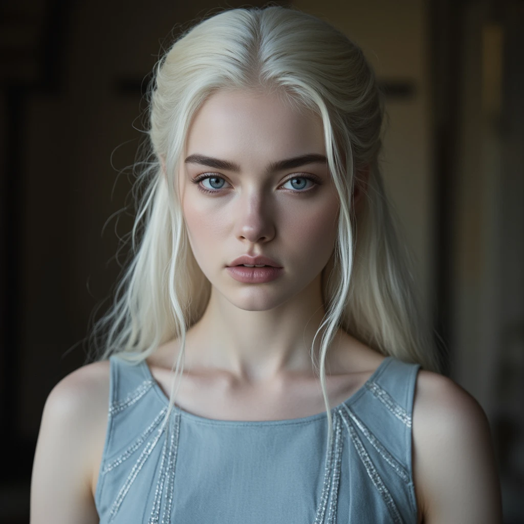 A medieval young, beautiful Targaryen princess with platinum blonde hair that falls to her shoulders, each strand shimmering like silver. Her skin is pale and flawless, almost porcelain in texture, with a subtle natural glow. Her violet eyes are striking and intense, gleaming with an otherworldly sharpness that can captivate and unnerve at once, framed by long, dark lashes. face is angular and regal, with high cheekbones, a button nose, and full, soft lips. beauty is not soft or gentle, but rather an ethereal, intimidating presence that commands attention. Looks mean, intimidating. Wearing a beautiful, fitted medieval sky blue sleeveless gown with silver accents. Castle interior background. Angular face, sharp features. Medieval game of Thrones era. Natural Face