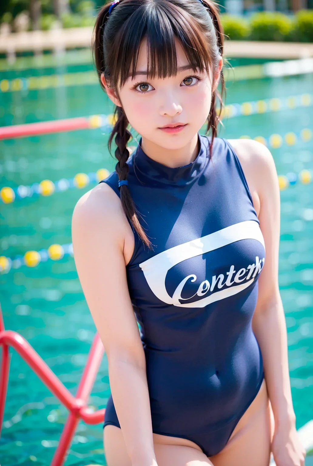 Masterpiece, best quality, 16K, (photo realistic:1.5), 1girl, short stature, japenese school girl, school swimsuit, front view, (flat chest:1.2), (thin figure body:0.6), Sloping shoulders, baby face, blunt bangs, hair pins, twintail hair, roundly face, big eyes, small face, small mouth, dimples, (her height is 140cm), very cute face, lolita face, little, (10yo, early teen), (upward glance, from above), Without makeup, seaside, rocky area, Deserted Island, Hands behind back, smile at viewer, Mischievous smile, white teeth, (tilt her head:1.2), little devil
