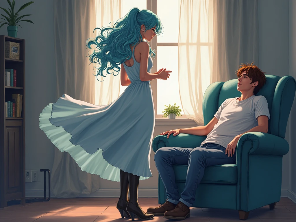 anime girl wearing tight jeans and a tank top with long lightly curls blue hair, wearing boots, She stands up, cracking her knuckles, her dress flowing dramatically. The boyfriend, who is wearing t-shirt and jeans, and have brown hair,  slumps in his chair, barely able to keep his head up. anime art style work. the shot must be dynamic and its a comc.

