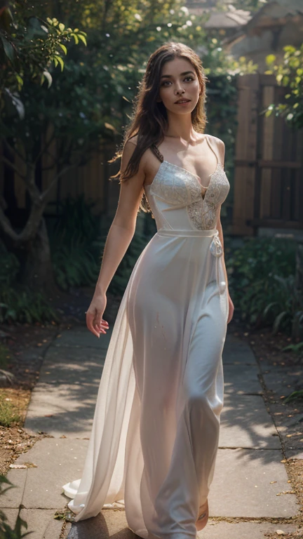 Mulher branca, 30 anos, European, cabelo cacheado, corpo inteiro, vestida, roupa elegante, olhar sensual, na rua, no outono, Dried leaves on the ground, olhaos verdes, standingn, salto alto, UHD, 8k, 16k