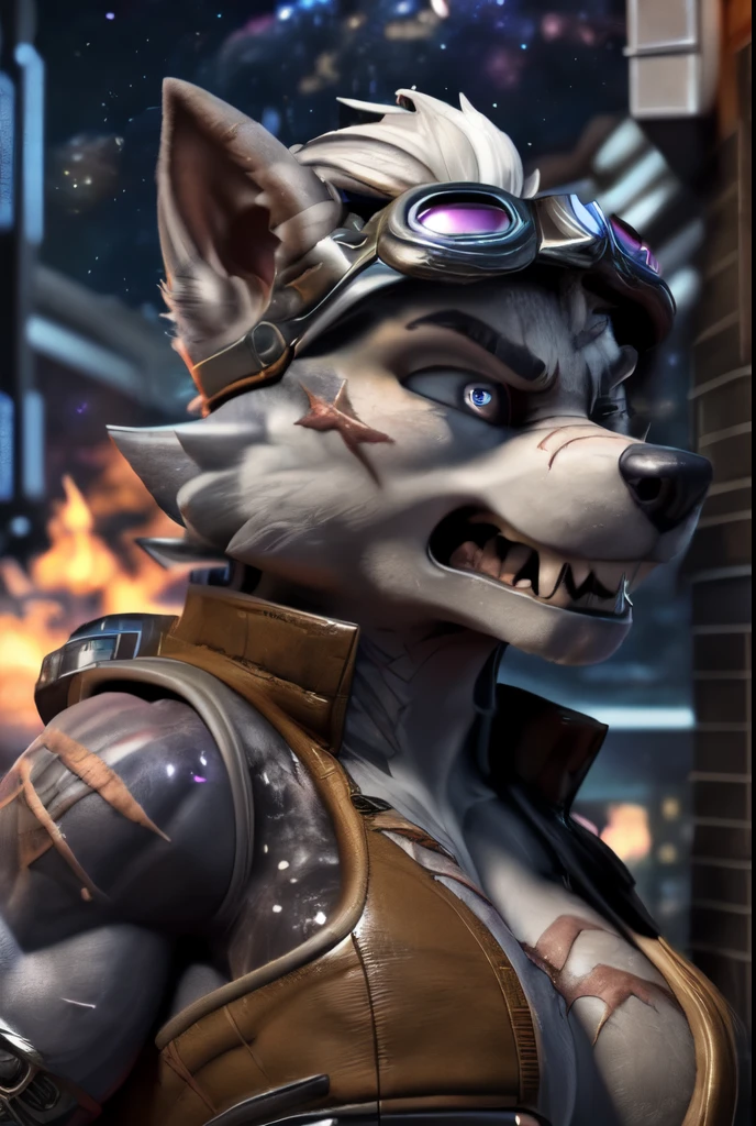 Gasket, ((Paw Patrol)), ((female solo)), domestic dog, female, adult female, brown eyes, (((gray fur)), ((gray body)), (wearing brown leather vest:1.25), (wearing ripped black shirt:1.25) (wearing spike wristband:1.25), (large breasts:1.25), (huge breasts:1.25), (hyper breasts:1.25), (hair over eyes:1.25), (white hair:1.25), ((sharp teeths)), ((large fangs)), gray eyes, (Shiny eyes:1.6), ((Pixar eyes)), perfect eyes, ((glowing eyes)), (hyper realistic:1.65), long fluffy tail, very large tail, tail up, very furry and fluffy, ((very large fangs)), perfect ligthing, (Cyberpunk city at night background:1.25), (building at fire at background:1.65), (back side view:1.45), looking at Viewer, ((seductive break)), ((spread legs)), spread legs, (rajii:1.1) (dimwitdog:1.1), (thesecretcave:1.25), (cooliehigh:1.1), (miles-df:1.1), (complextree:1.1), (pixelsketcher:1.1), (foxovh:1.1), (zaush:1.1), (avante92:0.70), (meesh:1.1), (inu-sama:0.80), (cervina7:1.1), (F-R95:0.70), (R-mk:1.1), (xpray:1.1), (standing tall:1.65), (large fluffy tail:1.65), (close up to face:1.25), (angry expression:1.45), (scars all over her body:1.85), (wearing long goggles over head:1.65), (starry:1.45), (nebula:1.45), (snarling:1.45), (3D render:1.35), (some muscles:1.25), (strong female:1.35)