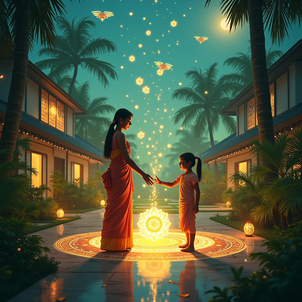 Design a futuristic Vishu festival poster titled ‘Vishu 2025: Tradition Meets Tomorrow’. In the center, a  in traditional Kerala attire reaches out to a glowing, holographic Vishukkani projected from a sleek smart mirror. Golden kanikonna flowers float in mid-air like digital petals. On one side, a banana tree appears as a hologram giving virtual, while a drone gently delivers a gift envelope nearby. The background is a harmonious mix of lush Kerala nature and futuristic architecture—smart homes with Malayalam calligraphy lighting, AI-guided temple drones in the sky, and digital rangoli glowing on the floor. Include visual elements like QR codes, neon banana leaves, and glowing lamps shaped like microchips. With no texts. Top View of a house. Include flooring patterns like QR codes and micro chips.