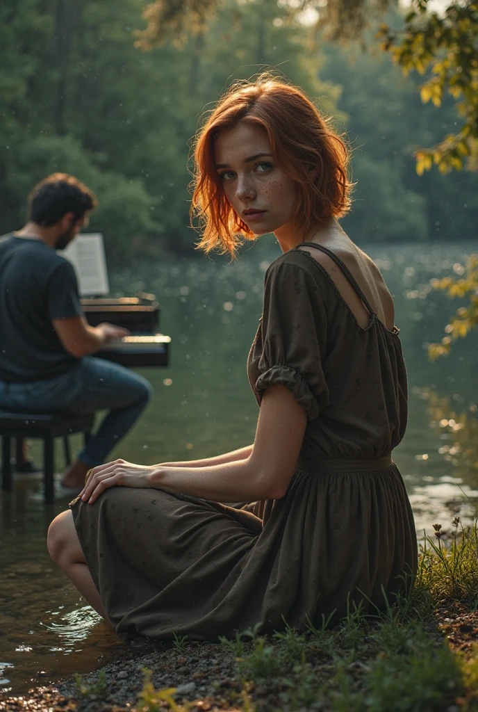 realistic image, Lake scene in a forest, where a 19-year-old white woman, with freckles, green eyes, dressed in a dress wearing a brown shirt with short sleeves and dark pants, he is sitting on the lawn on the lake shore near the piano, with her feet submerged in lake water, Her short red-haired hair, cascades down,  the woman is the protagonist of the image , She has a mysterious aura, while there is a 21-year-old man who is playing the piano and looking at the girl, But you can only see his profile, white muscular , short black hair, blue eye lenses, Sitting at the piano , dressed in a black t-shirt and dark blue jeans. . Her silhouette is cut out against the soft ambient lighting, He finds himself looking and turning his back.. The warm and intimate lighting casts soft shadows, creating a romantic atmosphere. The image prioritizing complicity and mystery with a reduced depth of field that keeps the subject focused while softly blending the environment. The image is for the cover of my book and my book is about the mystery of love but a dark romance