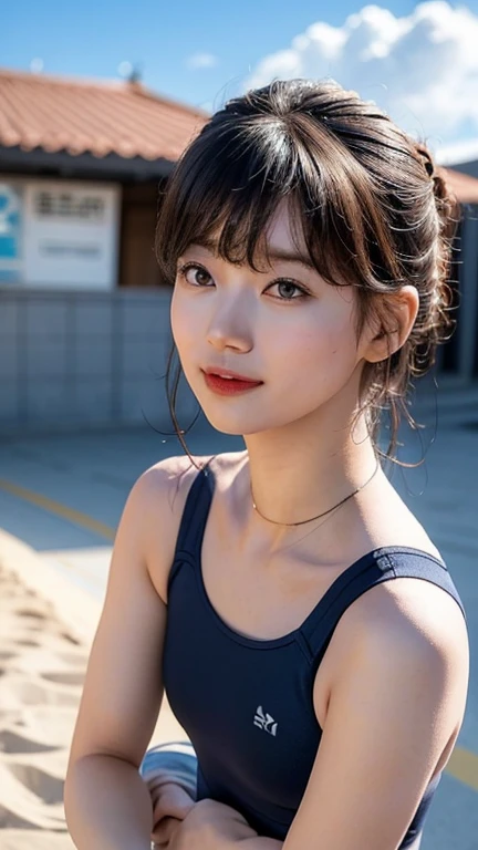 (RAW Photos:1.2), (Photorealistic), Beautiful detailed girl, Very detailed eyes and face, Beautiful and beautiful eyes, Large file size, High resolution, Very detailed, Highest quality, [masterpiece:1.6], Awareness-raising, Very detailed, finely, Highest quality, 8k wallpaper, Cinema Lighting, 1 Girl, chubby body, huge breasts, (Huge, Heavy chest), Cute droopy eyes, Beautiful big eyes, Sweaty and wet, 【sexual excitement:1.6】, (My whole body is wet:1.2), short hair, high school girl, (Japanese School Swimsuit, Navy blue one-piece swimsuit, Navy blue Japanese student swimsuit:1.3), Dynamic pose, Huge Rim Figure