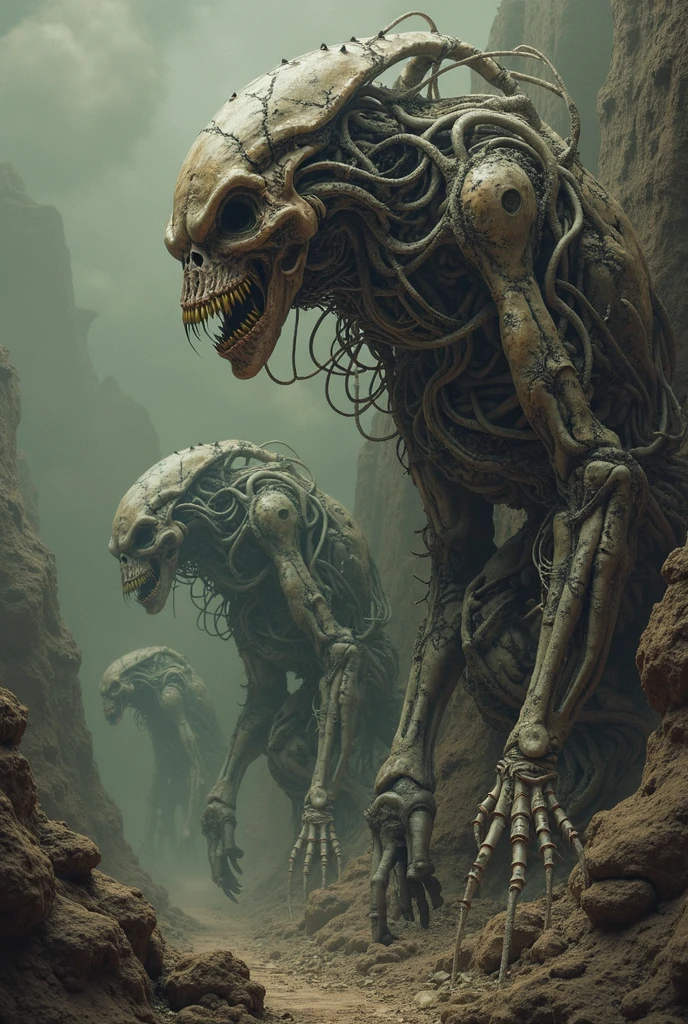((best quality)), ((masterpiece)), (detailed), an alien creature, humanoid, gigeresque, pale, milk-white skin, translucent skin, smooth skin texture like a dolphin, no hair, round head, (bulbous head), (xenomorph face), (no eyes), (smooth face), (bright gums) like a shark's mouth, (a long tongue, like an elephant trunk, coming out of the mouth with a squid-like beak at the tip), (protrusions along a skeletal ridged back), (breathing holes on the chest), a tail that splits into three tentacles, long skinny arms that it walks on, where the legs would be is another set of arms that are used for grabbing, H R Giger, Clive Barker's The Thing, xenomorph, necromorph, predator, Engineer, sci fi horror, cosmic horror
