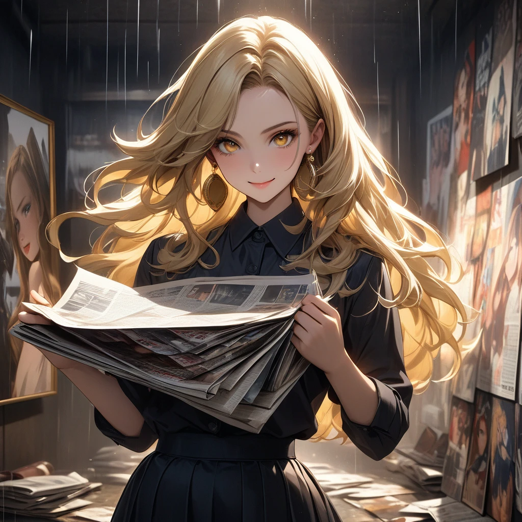 ((extreme quality)), ((Masterpiece)), ((Enrich the picture，Masterpiece level quality)), blonde hair, long hair, medium breasts, golden eyes, fierce woman, ultra eyes details, RAW 4K, Realistically , ((great effect to highlight the subject)) , ( cinematic lighting, moody, textile shading), perfect proportions, ultra detailed, volumetric lighting, soft lighting, glossy skin, beautiful face, Special face details, strong emotions, elegant gesture, Detailed facial features, Long eyelashes, contrast, Incredible atmosphere, Fascinating setting, Haunting beauty , ear rings, (( English newspaper [The Times], fashion pose, cool pose, vintage fashion, vintage shirt, vintage skirt, vintage suit, Retro Collage Revolution！Explode art that breaks common sense with magazine clippings and vintage materials, newspaper on the wall, wall background, a lot poster, street, very happy, smile, under raining,