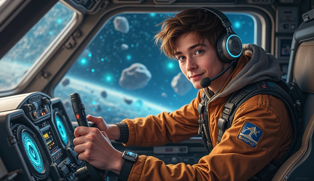 A charismatic young pilot with short, messy brown hair and a confident smile, wearing a futuristic aviator jacket with a high-tech headset. He is seated in the cockpit of a sleek spaceship, gripping the controls with excitement. The background shows a vast cosmic scene with bright stars and an asteroid field, as he skillfully maneuvers through it. The cockpit is illuminated by glowing buttons and holographic displays, reflecting his adventurous spirit.