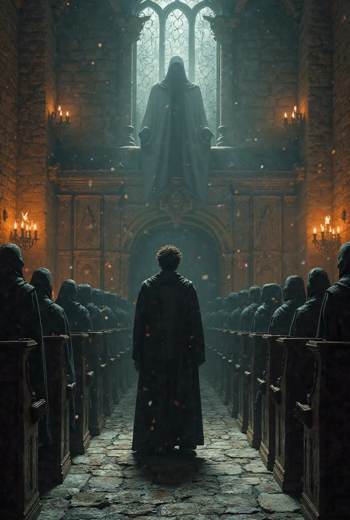 A medieval inquisition trial scene, dark courtroom with torches, accused man standing before angry clergy”