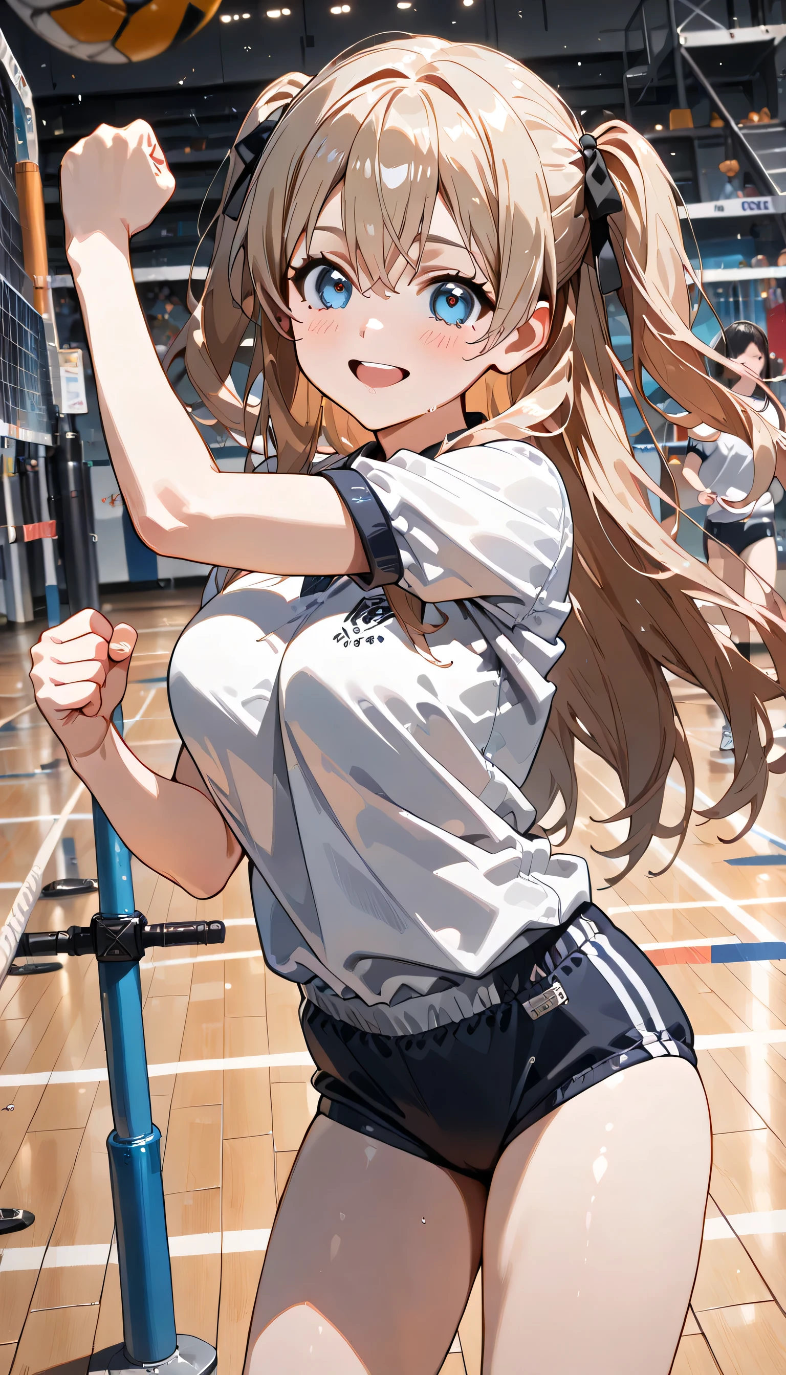 ((ultra-detailed)), (highly detailed CG illustration), (best quality:1.2), ultra-highly detailed, colorful composition, artistic photoshoot, 1girl, solo focus, ((thigh to top:1.4)), ((cowboy shot:1.4)), moe anime character, girl, dainty facial structure, (baby face), (round face), ((rounded chin:1.2)), ((ideal ratio body proportions)), celia-default, celia claire, (blue eyes), sparkle eyes, silver hair color, two side up, (hair ribbon with blue), ample breasts, (blue school gym buruma), ((smile:1.3)), ((happy:1.3)), ((joyful:1.3)), ((blush:1.3)), ((fist pump:1.3)), ((victory pose:1.3)), balls, volleyball (object), volleyball, volleyball net, ((from front)), dynamic pose, contrapposto pose, best quality, expecting, pink cheek, blush, light pink gloss slip, portrait, depth of field, soft lighting, sidelighting, (shine), lighting, caustics, ray tracing, perfect face, lustrous skin, highly detailed face, highly detailed eyes, perfect face, perfect nose, perfect hair, perfect eyes, perfect anatomy, beautiful hair, beautiful small face, extremely detailed face, beautiful detailed eyes, beautiful clavicle, beautiful body, beautiful huge breasts, leavage, breasts squeezed together, equalize the size of the left and right breasts, beautiful thin thighs, beautiful legs, beautiful fingers, ((4 fingers)), 1 thumb, lovely, (very detailed background:1.0), (highly detailed background:1.0), summer aesthetic, intricate details, shy atmosphere, summer colors palette, chromatic aberration