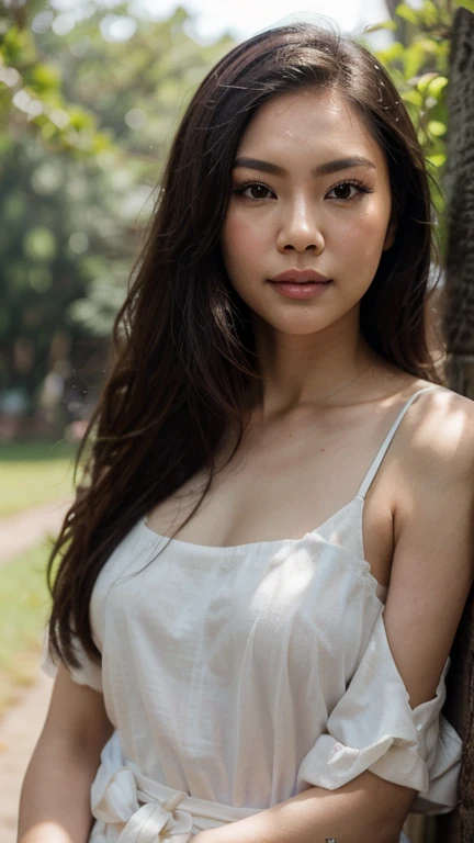 super high quality, 8k, High-quality texture, Ray Tracing, Well-defined shadows, Mature Woman, Full body shot of fully nude body, great textured skin, beautiful, Brown eyes, Black Hair, Very fine grain, Very knowledgeable, Ponytail Hair, The body is a little full, Beautiful, pointy, medium-sized breasts, Round medium sized butt, fleshy thighs, panturrilha beautiful, Beach top bra and red brazilian thong panties, Forest Background, She is sitting on a mossy wooden log, Sunlight illumination, Nikon D850 Film Stock Photos by Lee Jeffries 4 Kodak Portra 400 F1.6 camera lens colors, Ultra-realistic textures, Dramatic lighting, ArtStation Cinestill 800 Unreal Engine Trends, Sensual smile