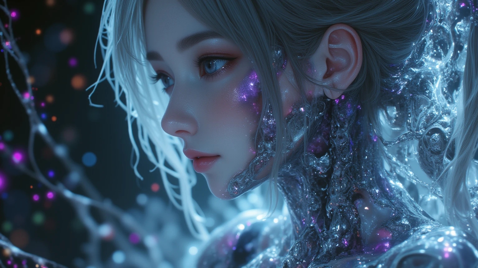 crystal covered, upper body, side shot, alternate color, masterpiece, detailed illustration, realistic, pixiv top quality, exquisite, {{{kawaii 1girl}}}, ultra beauties who fuse with machines, elaborate shabby chic pattern, glitter beautiful female, Half of my body is made of machines, transparent glass body, The machines inside the body are transparent, cinematic lighting, dynamic angle, dynamic pose, crystal world, depth of field,Full body portrait