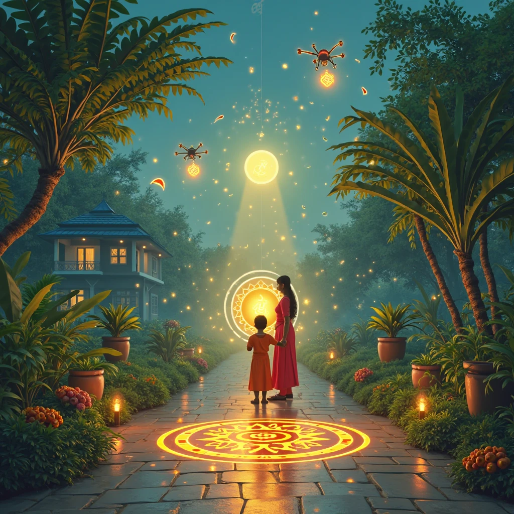 Design a futuristic Vishu festival poster titled ‘Vishu 2025: Tradition Meets Tomorrow’. In the center, a  in traditional Kerala attire reaches out to a glowing, holographic Vishukkani projected from a sleek smart mirror. Golden kanikonna flowers float in mid-air like digital petals. On one side, a banana tree appears as a hologram giving virtual, while a drone gently delivers a gift envelope nearby. The background is a harmonious mix of lush Kerala nature and futuristic architecture—smart homes with Malayalam calligraphy lighting, AI-guided temple drones in the sky, and digital rangoli glowing on the floor. Include visual elements like QR codes, neon banana leaves, and glowing lamps shaped like microchips. With no texts. Top View of a house. Include flooring patterns like QR codes and micro chips.