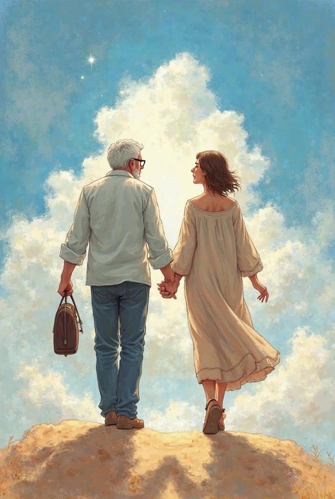 Draw a picture of a brown-haired woman, pixie-style cut, a little overweight, de costas, Arriving in Heaven, Holding hands with an elderly man, with straight and black hair , magro, sem barba, with glasses, de costas. The two walking in the sky, in Paradise.