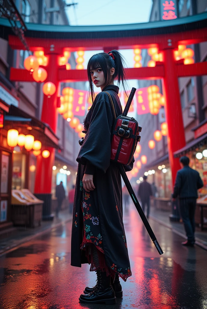 Medium full-body shot, slightly low-angle to capture dramatic presence in neon-lit street  
A Japanese girl standing confidently in the middle of a wet, neon-lit traditional street beneath glowing lanterns and towering torii gates. She wears a modernized kimono-style outfit — short-sleeved with layered textures, neon trim, and cyberpunk elements like digital embroidery, glowing obi, and metallic accessories. Her black hair is tied into twin tails with LED-lit hairpieces, and she carries a sheathed futuristic katana on her back. Her boots are armored and sleek, and her pose is calm and composed, slightly turning her head with a subtle, sharp gaze.  
Photorealistic digital art  
Ultra-high resolution, realistic skin and fabric textures, light reflection on wet pavement, soft ambient rain effect  
Inspired by Ghost in the Shell, Neo-Tokyo fashion, traditional x sci-fi fusion designs  
Background: glowing red signage, wires crisscrossing above, fog rolling in the distance, torii gate framing the central walkway, street stalls glowing in orange and pink light  
Main color theme: black, crimson red, neon blue, with gold accents  
Soft light from lanterns and street signs reflecting off metallic elements and the wet ground, subtle rim light on the girl’s silhouette  
Photorealistic, ultra detailed, cinematic sci-fi neo-Japan, HDR rendering, best image:1.5