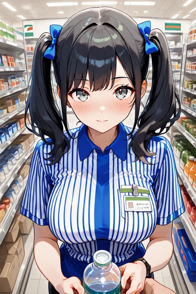 masterpiece, highest quality,1 girl、(big breasts、big breastsの谷間、Slender body)、Long T-shirt Dress、My shoulders came out、convenience store、Standing in line at the cash register、embarrassed face、upward glance、Angle from above、box of condoms on the cash register、