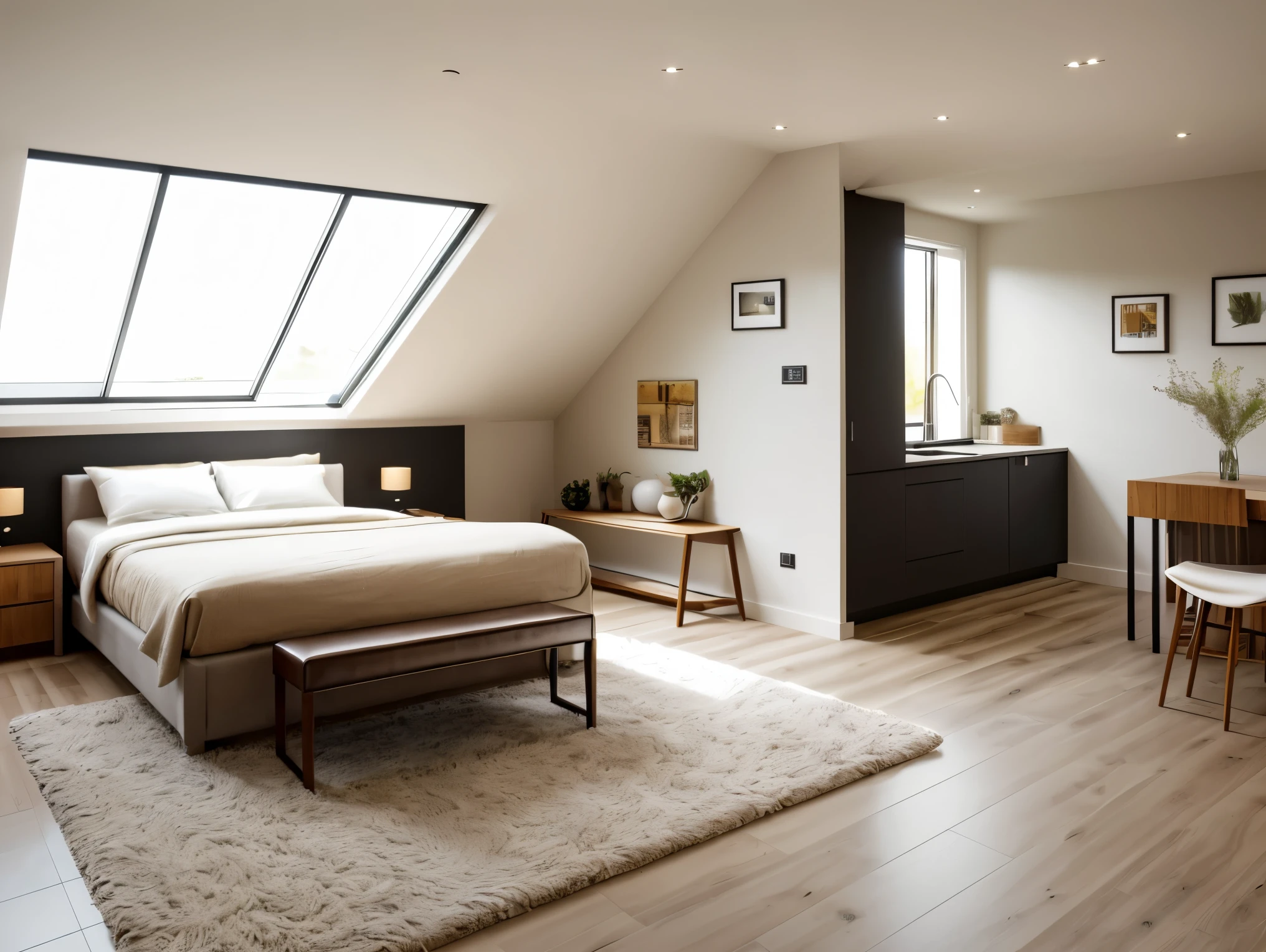 Design a modern and stylish loft bedroom with a minimalist aesthetic. The room features a lower sleeping area with a bed and a sitting area with two leather butterfly chairs and a small coffee table. A staircase leads to an upper loft area with another bed. The space has a mix of concrete and wooden textures, creating a sophisticated and contemporary look. Large windows and a skylight allow natural light to flood the room, enhancing the open and airy atmosphere. Add a few minimalist decorative items to complete the elegant design.