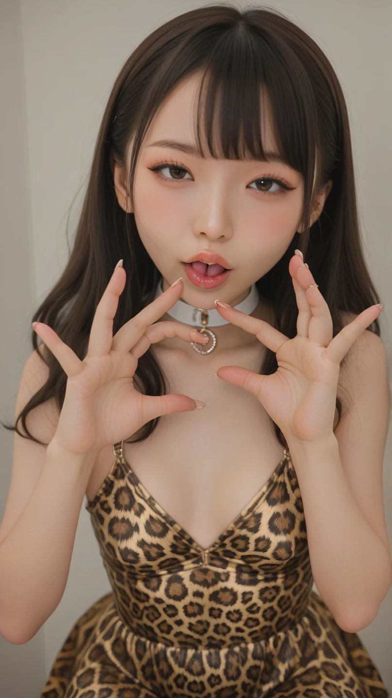 triangle-bikini,(open mouth:1.5),(tongue out:2),Kneeling,Hands Behind Back,Collar with leash,front view,face focus,from above(1girl,Beautiful  girl,teenager),(,Small breasts,Small face,king at viewer),Black Hair,bangs,straight,Beautiful and detailed,Black sofa
