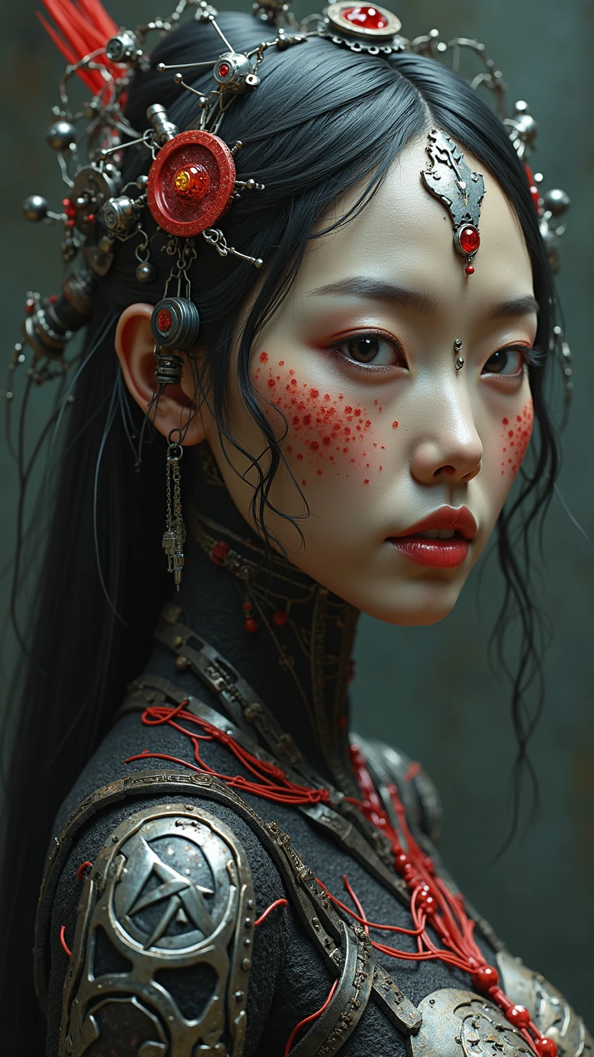 By Zdzisław Beksiński and Brom and Roberto Ferri, a hyper realistic full body artwork depicting an East Asian woman in a surrealistic ambience with cybernetic silver and red elements, she is adorned by symbolic shapes that evoke ancient Egyptian art, the artwork emphasizes the eerie global illumination making the image nightmarish and detailed, the picture seems to be sculpted in hard lines style.