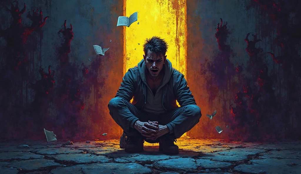 "Dramatic, semi-realistic digital illustration in 16:9 aspect ratio. A young adult man is kneeling in a dark, cracked room, drenched in shadow with only a harsh ray of yellow light hitting his face — eyes wide with anguish, sweat dripping, posture of desperation. Behind him, red and purple shadows form demonic silhouettes reaching out from the corners. His hands clench in prayer as a torn Bible page floats in the air. The scene is intense, emotionally heavy, and bathed in theatrical lighting, with deep blue and crimson tones dominating the background. At the top-left, large bold letters read 'A GUERRA' in a thick, distressed font, glowing subtly in white-yellow light for contrast."