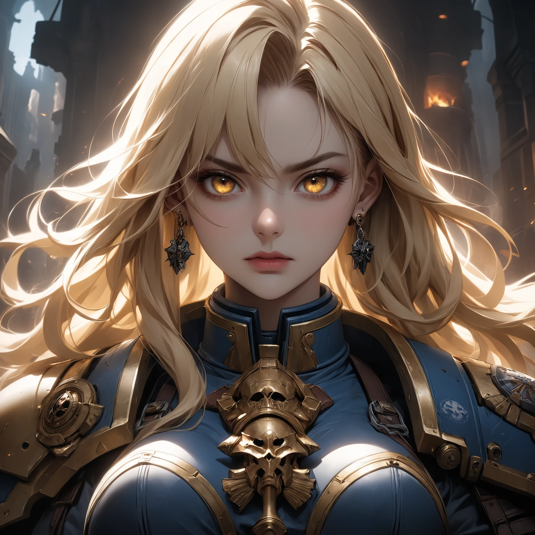 ((extreme quality)), ((Masterpiece)), ((Enrich the picture，Masterpiece level quality)), blonde hair, long hair, medium breasts, golden eyes, fierce woman, ultra eyes details, RAW 4K, Realistically , ((great effect to highlight the subject)) , ( cinematic lighting, moody, textile shading), perfect proportions, ultra detailed, volumetric lighting, soft lighting, glossy skin, beautiful face, Special face details, strong emotions, elegant gesture, Detailed facial features, Long eyelashes, contrast, Incredible atmosphere, Fascinating setting, Haunting beauty , ear rings, warhammer 40k, warhammer 40k sisters of battle, very angry,