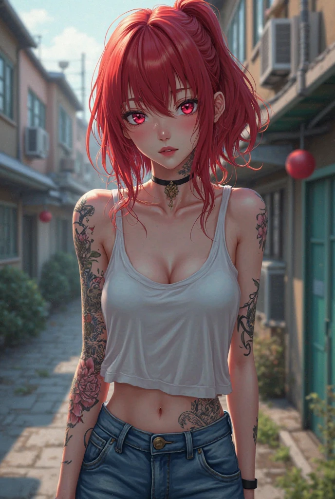 High quality photo, ((waist-length)) portrait, a girl 15 years old, very gentle, love, tears, round face, snub nose, big Brown eyes, full lips, (((mouth open))), freckles, very large breasts, short red hair, fully grown, colored tattoos on body and face, She is very hot, drops of sweat on her face, diffused light, direct focus