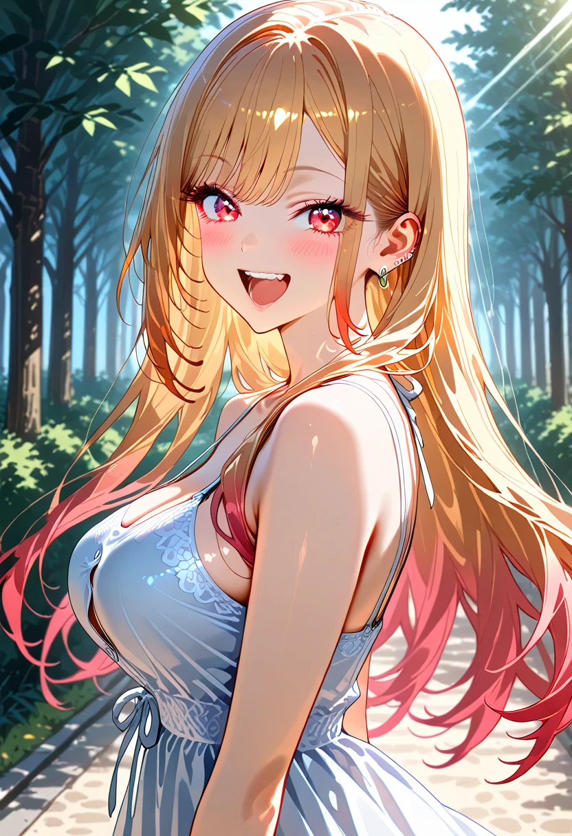 masterpiece, best quality, high-res, Kitagawa Marin, 1girl, blonde hair, long hair, multicolored hair, red eyes, jewelry, earrings, piercing, demon outfit , grin, smile, standing, cowboy shot, outdoors