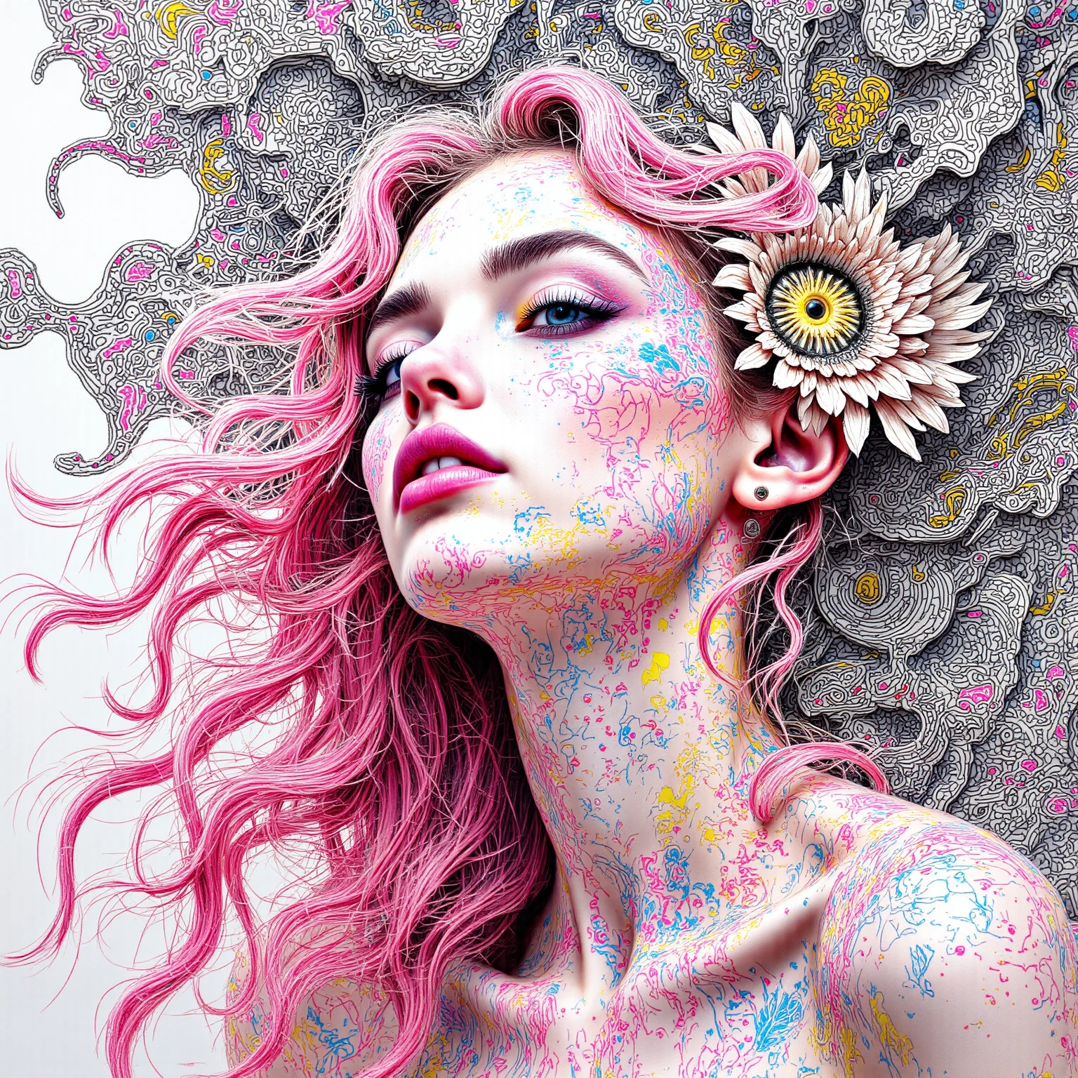 Mulher bonita e colorida: Mulher de 27 anos, Messy hair, oil painting, beautiful and rosto perfeito with soft skin, rosto perfeito, cores verdes rosa, Clear and violet magnet additions, light red additions, Doutor, wearing lab coat or Doutor suit holding  in lap intricate details splash screen 8k resolution masterwork cute face photorealistic digital painting artstation smooth flowing black ink: Photorealistic masterpiece in 8k resolution: fluido de pintura em guache intrinsecamente detalhado: by John Baptist Mongue: caligrafia: acrylic: Arte em aquarela, fotografia profissional, natural lighting, volumetric lighting maximalist photo illustration: por Marton Bobzert: , complex, elegante, expansivo, Fantastic