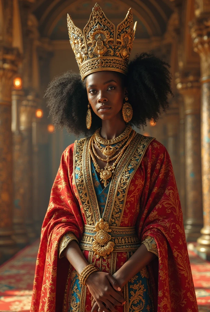 [very beautiful black Queen of Sheba, extremely attractive with blue eyes and royal clothing and a large headdress on the head in the shape of a royal crown, full body style][inside the King's Palace]