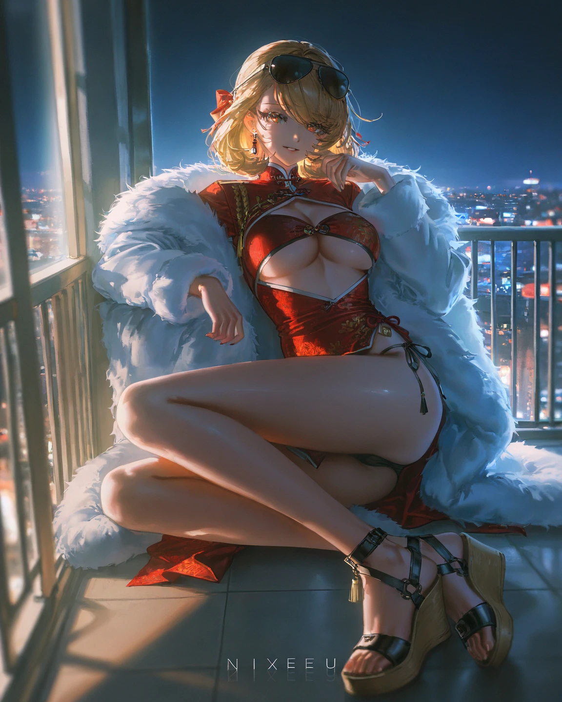 masterpiece,best quality,artist:john_kafka,artist:nixeu,artist:quasarcake,chromatic aberration,film grain,high contrast,color contrast,cold colors,gritty,graphite \\\\(medium\\\\),
1girl, Prince Of Wales (\Azur Lane\), pattern dress, qipao, fur coat, breasts, aviator sunglasses, underboob window, wedge heels, balcony, night, teasing, panties side tie, tied hair, 
