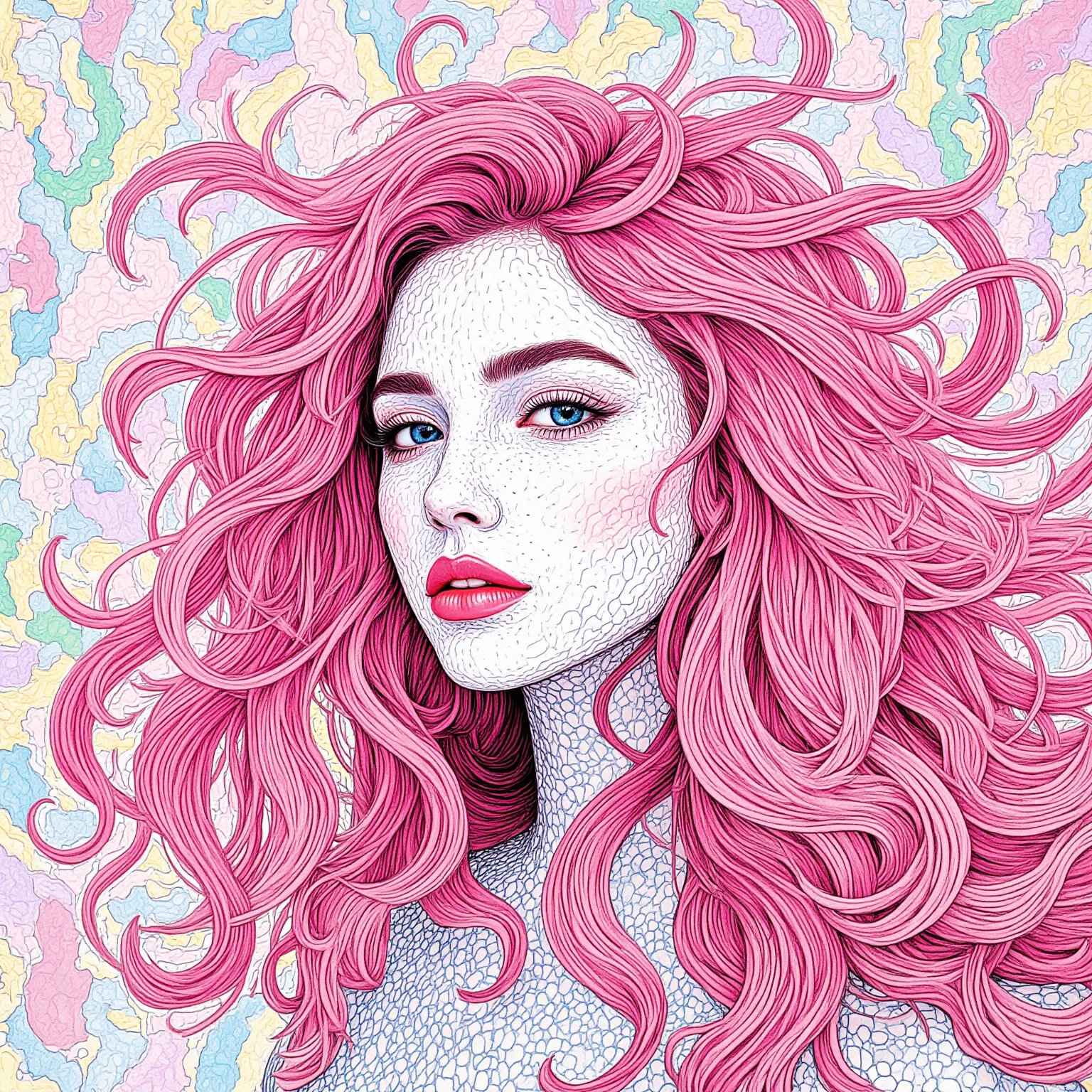 
((masterpiece:1.2, top quality)), Super Detail, ultra-precise depiction, Super Detailな描写, ( zentangle :1.2), (dynamic pose), (abstract background:1.5), long wavy hair, pink hair, 1 girl, colorful, portrait, (From the above:1.2)