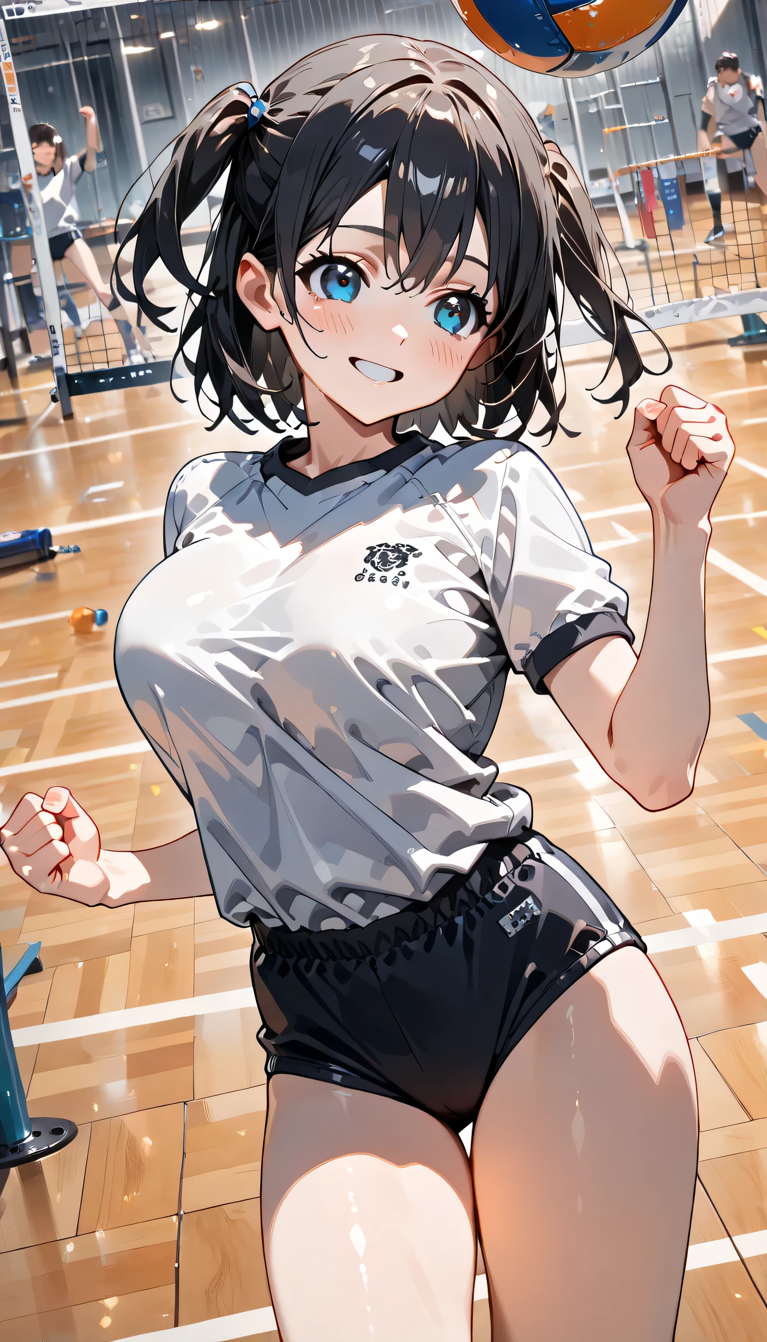 ((ultra-detailed)), (highly detailed CG illustration), (best quality:1.2), ultra-highly detailed, colorful composition, artistic photoshoot, 1girl, solo focus, ((thigh to top:1.4)), ((cowboy shot:1.4)), moe anime character, girl, dainty facial structure, (baby face), (round face), ((rounded chin:1.2)), ((ideal ratio body proportions)), celia-default, celia claire, (blue eyes), sparkle eyes, silver hair color, two side up, (hair ribbon with blue), ample breasts, (blue school gym buruma), ((smile:1.3)), ((happy:1.3)), ((joyful:1.3)), ((blush:1.3)), ((fist pump:1.3)), ((victory pose:1.3)), balls, volleyball (object), volleyball, volleyball net, ((from front)), dynamic pose, contrapposto pose, best quality, expecting, pink cheek, blush, light pink gloss slip, portrait, depth of field, soft lighting, sidelighting, (shine), lighting, caustics, ray tracing, perfect face, lustrous skin, highly detailed face, highly detailed eyes, perfect face, perfect nose, perfect hair, perfect eyes, perfect anatomy, beautiful hair, beautiful small face, extremely detailed face, beautiful detailed eyes, beautiful clavicle, beautiful body, beautiful huge breasts, leavage, breasts squeezed together, equalize the size of the left and right breasts, beautiful thin thighs, beautiful legs, beautiful fingers, ((4 fingers)), 1 thumb, lovely, (very detailed background:1.0), (highly detailed background:1.0), summer aesthetic, intricate details, shy atmosphere, summer colors palette, chromatic aberration