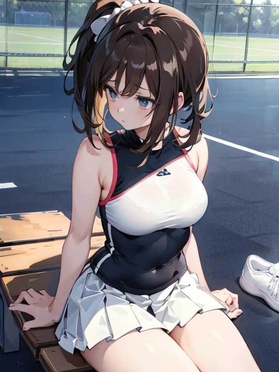 best quality,ultra-detailed,high resolution,extremely detailed CG,perfect anatomy,detailed,cinematic lighting,beautiful detailed eyes,ultra high res,(1girl),15years old,gleaming skin,oil skin,sweat,humid,trembling,strong light coming in,spot lighting,bright,revealing,(sharp eye:1.2),(scowl:1.1),(stare at viewer with stern eyes:1.5),(bitting own lip:1.1),nose blush,(shamefull:1.2), surprised, (embarrassed,blush:1.3),nsfw,(ecstasy:1.3) ,(slut:1.2),(vulgarity:1.3),(fucked silly:1.1),(steam:1.1),(wet:0.8),(trembling:0.8),(tears:0.7) ,(drooling:0.6),(sweat:0.8),(nsfw:1.2),(tennis uniform:1.2),(Young:1.2),Japanese,(Tennis court:1.2),large breasts,(Random Hairstyles:1.2),Bold Pose,(full body:1.2),skirt,(Sheer tops:1.5),bra