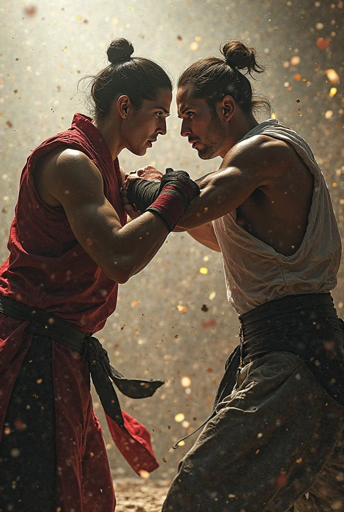 Draw a person fighting with others, both wearing torn clothes, in a destroyed setting.