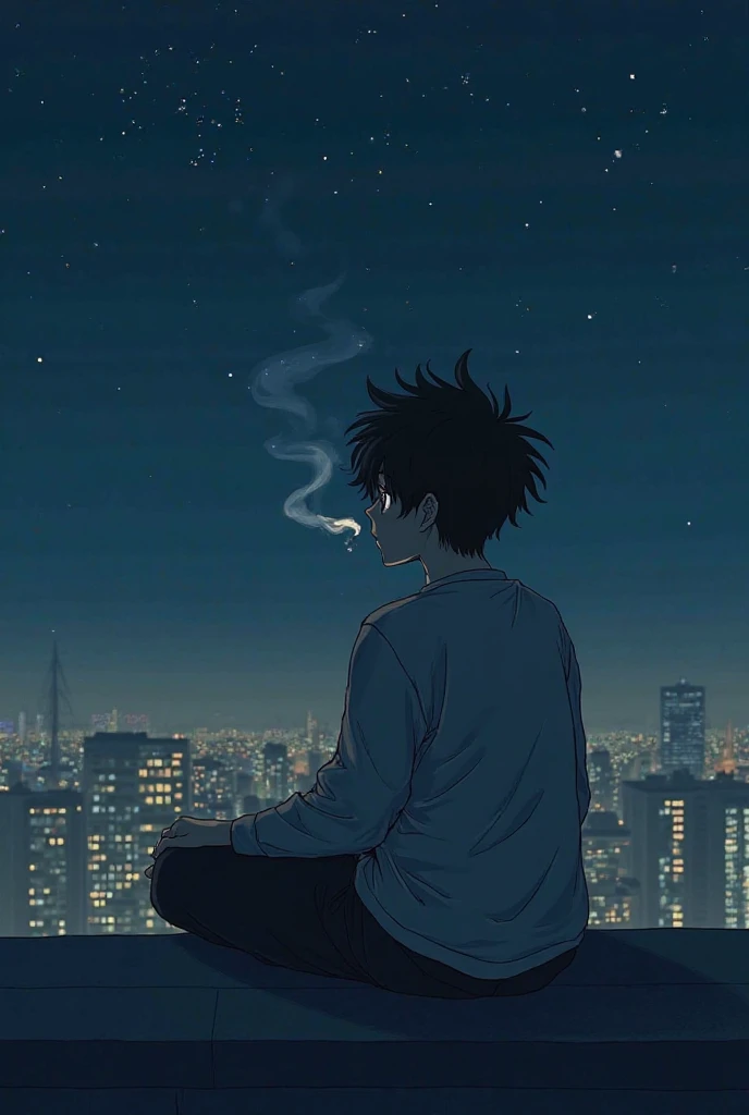 Create a silhouette of an 18 year old adult male cartoon character sitting and smoking a cigarette., sadly watching the city at night sparkling with lights
