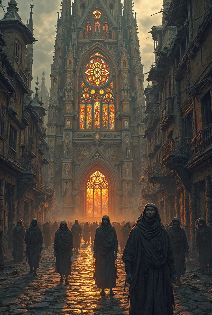 Starving peasants outside a rich church filled with gold and stained glass, strong contrast between rich and poor”
