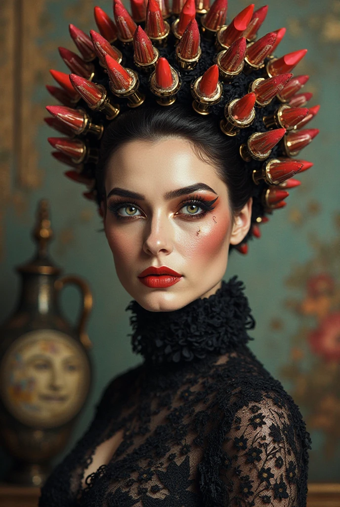 	Contessa Rakhshona ProfumaLux
On the back is a painted jug with a spray bottle. On our eyes are arrows from Yves Saint Laurent, and on my head there is a crown of Russian lip polishes.
	