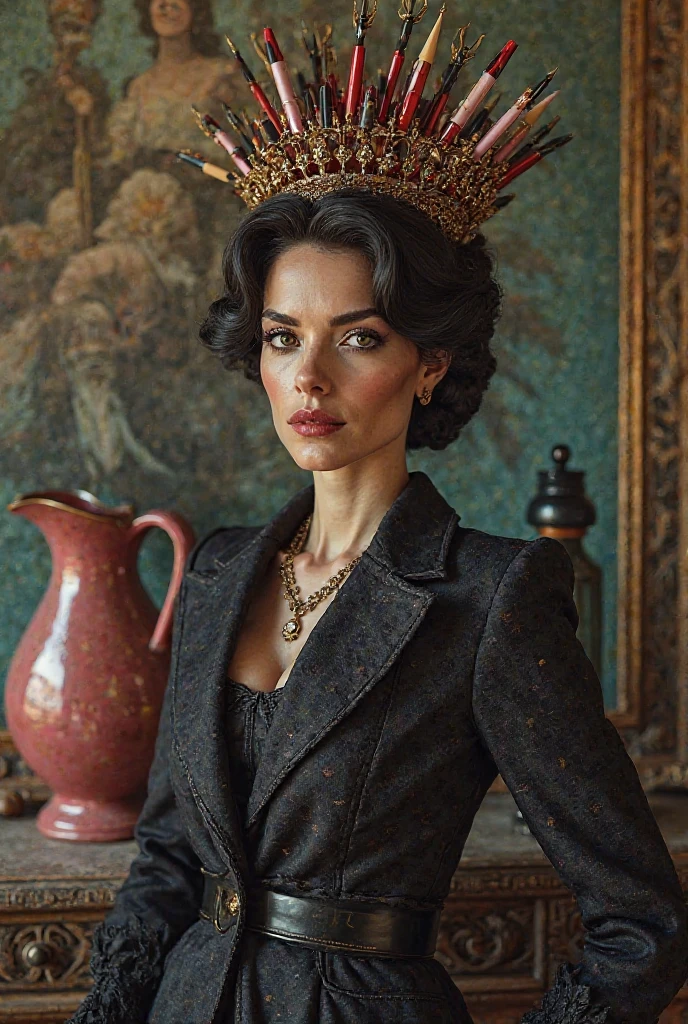 	Contessa Rakhshona ProfumaLux
On the back is a painted jug with a spray bottle. On our eyes are arrows from Yves Saint Laurent, and on my head there is a crown of Russian lip polishes.
	