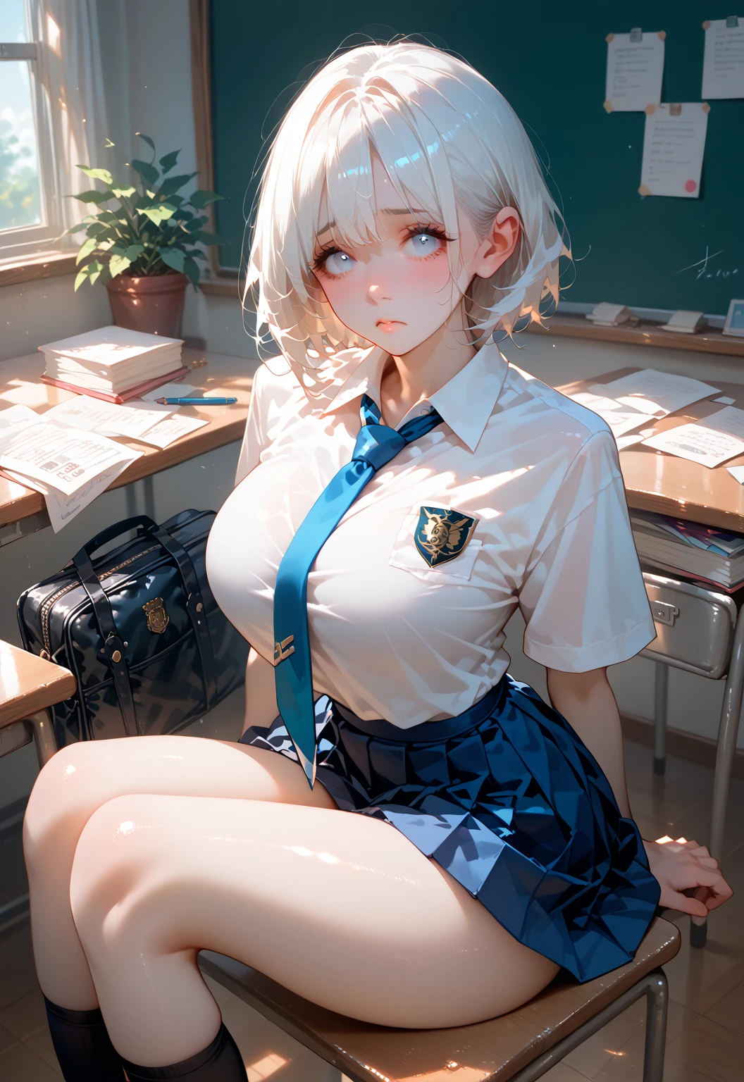 ((Highest quality)), ((masterpiece)), (detailed), One Girl,(Knee-length),Cosplay,whole body,Big Breasts,Underbust,school uniform,(Open the buttons on your shirt),22-year-old woman,(Naughty look),((Excited expression)),Browsing Caution,nswf Japanese,(attractive appearance),atmosphere,rotor,blush,(Girl in a dark classroom),リモコンrotor,(pink remote control),(In a messy room)