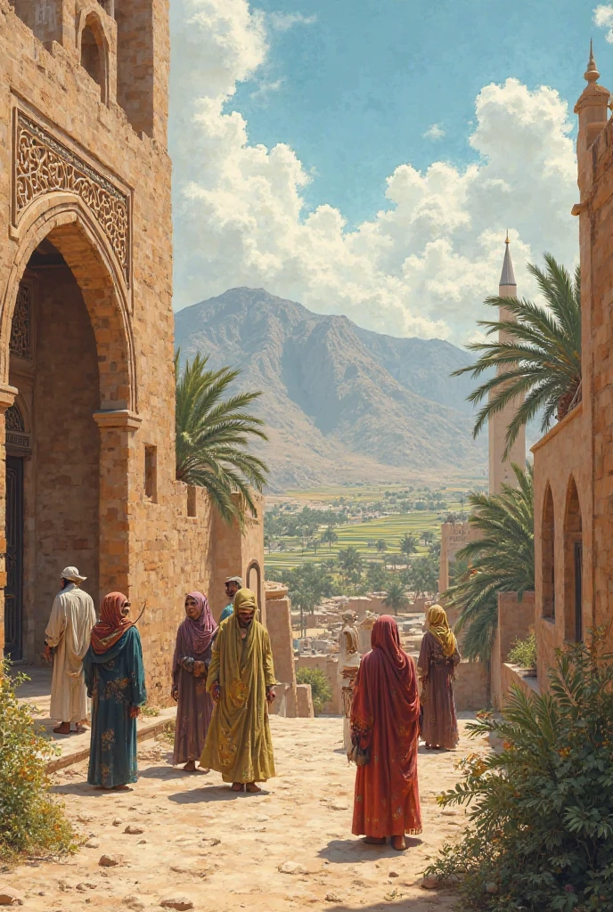 Create a drawing that expresses peace in Yemen and add details that are found in Yemen so that the scenes feel very much