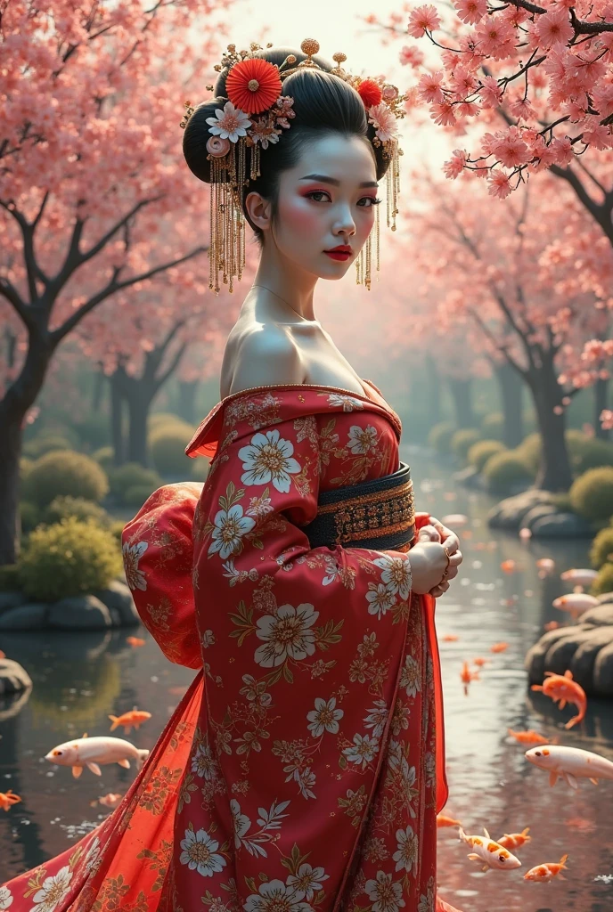 In a futuristic futuristic scene, a mechanically enhanced Japanese geisha poses gracefully amidst an elaborately decorated garden. She has sweet beautiful eyes and lips that blend well with her face. The geisha wears a traditional kimono with intricate patterns and designs. Surrounded by cherry trees. Bright and a pool of carfishes swimming quietly. The scene is a combination of paintings and virtual photography. Ultra-sharp details and lines. Vibrant colors highlight the elegant character of the geisha, giving the porcelain surface a soft glow. The artwork shows the highest quality in 4K or 8K resolution. Up to the details A complex of geisha costumes, cherry trees and shimmering scales of carp. The overall color scheme is a blend of traditional Japanese colors, deep red, white, black, and with a slight gold accent, along with an air of cutting edge, a blend of ancient tradition and technology. Modern creates an attractive and spectacular masterpiece. The shoulders are exposed, the breasts are visible on both sides, the shoulders are open, the chest is open.
